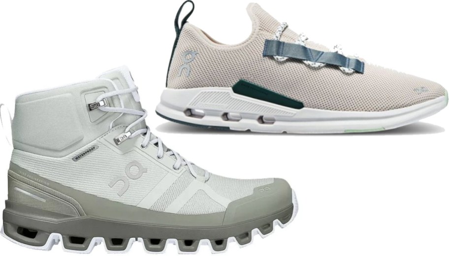 light green boot and tan running shoe