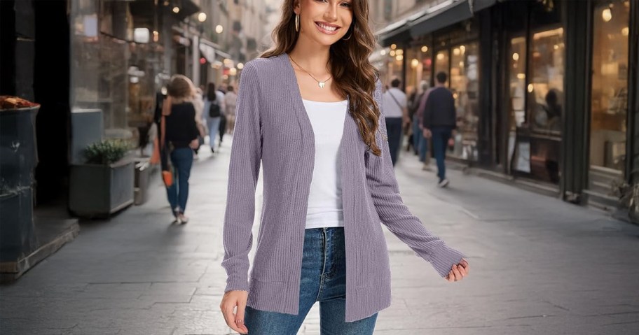 woman on a city street wearing an Open Front Long Sleeve Cardigan Sweater