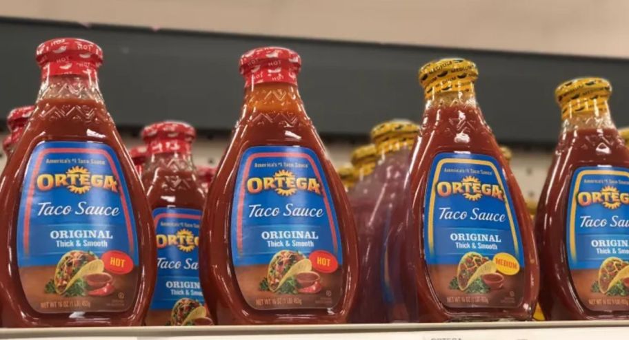 Display of ortega sauce in different flavors at the store
