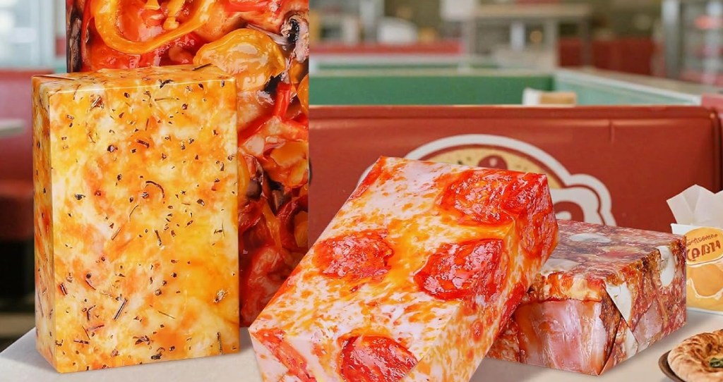 Boxes wrapped with different types of pizza stacked on top of table
