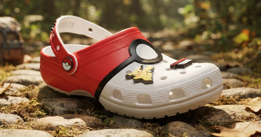A Pok&eacute;mon Pok&eacute; Ball-themed clog resting on a stone path.