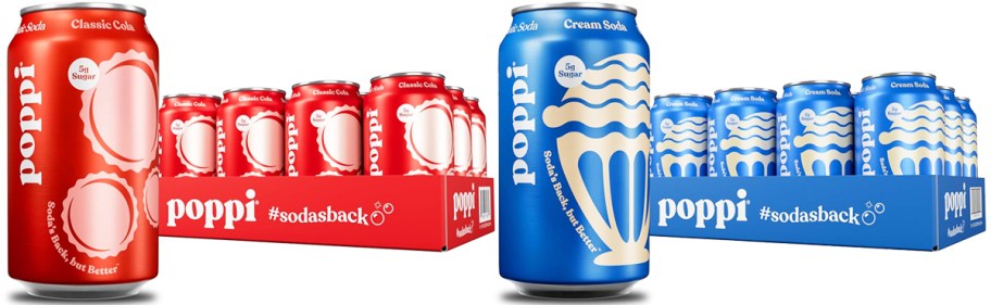 red and blue cases of Poppi Soda