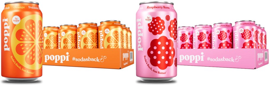 orange and pink cases of Poppi Soda