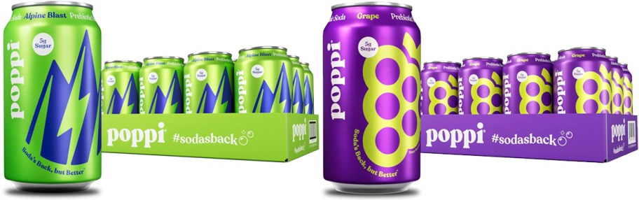 green and purple cases of Poppi Soda