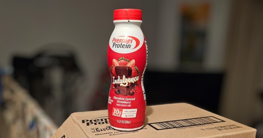 premier protein chocolate covered strawberry indulgence protein shake on box
