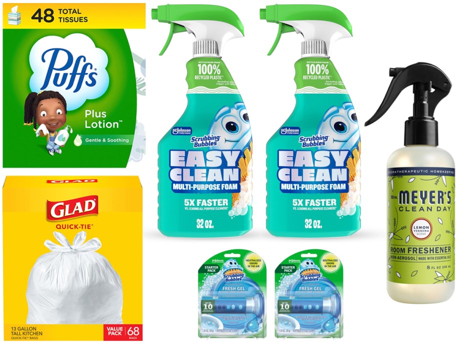 Puffs Plus Lotion Facial Tissue, Glad Tall Kitchen Trash Bags, MRS. MEYER'S CLEAN DAY Air Freshener, Scrubbing Bubbles Bathroom Cleaner, Scrubbing Bubbles Toilet Bowl Cleaning Stamps