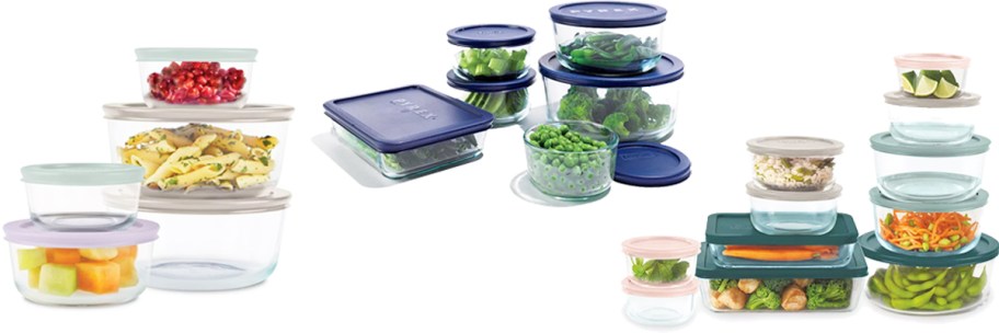 three sets of pyrex glass storage containers