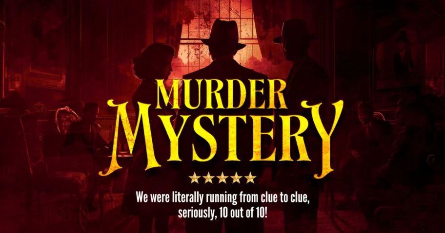 A graphic depicting a man with a hat in a dark room with the words Murder Mystery on it
