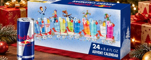 Red Bull Advent Calendar on a table with can of Red Bull in front of it