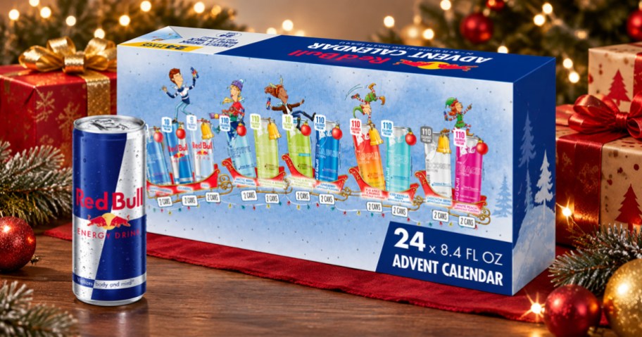 Red Bull Advent Calendar on a table with can of Red Bull in front of it