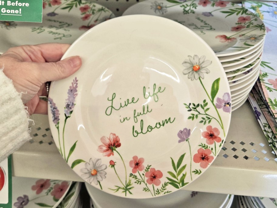 hand holding up a floral print plate in store