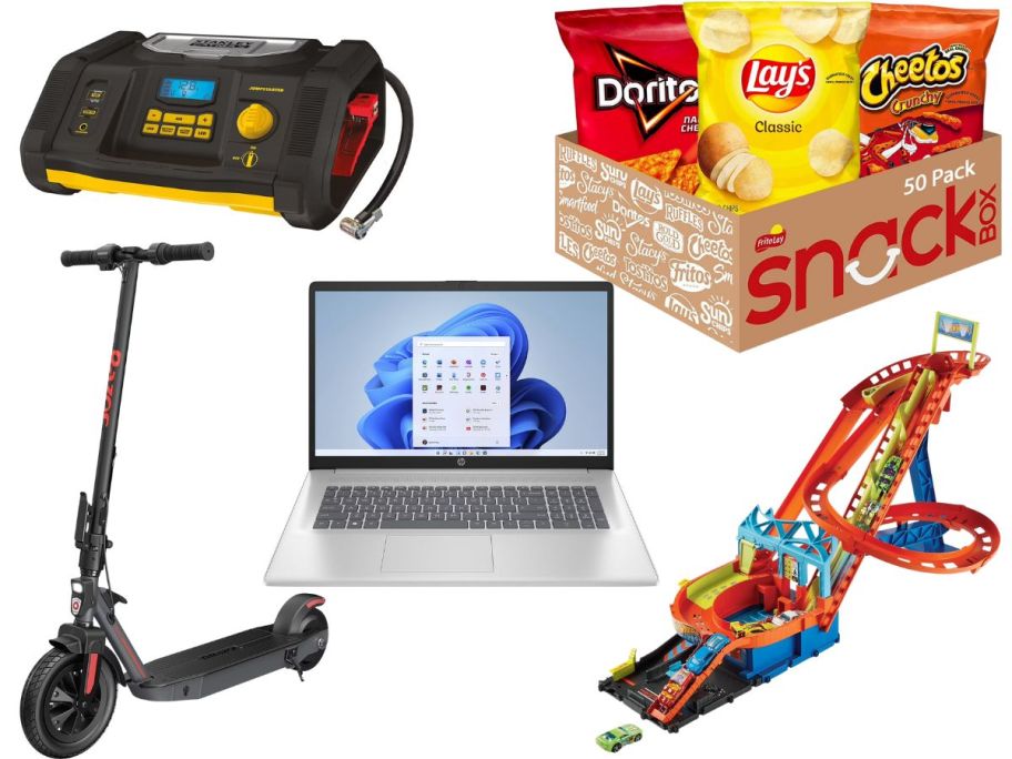 A box of Doritos, Lays, and other snack, lap top, Hot Wheels set, scooter, and an air compressor