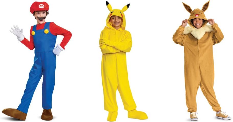 Stock images of 3 children wearing Super Mario, Pikachu, and Evie Costumes
