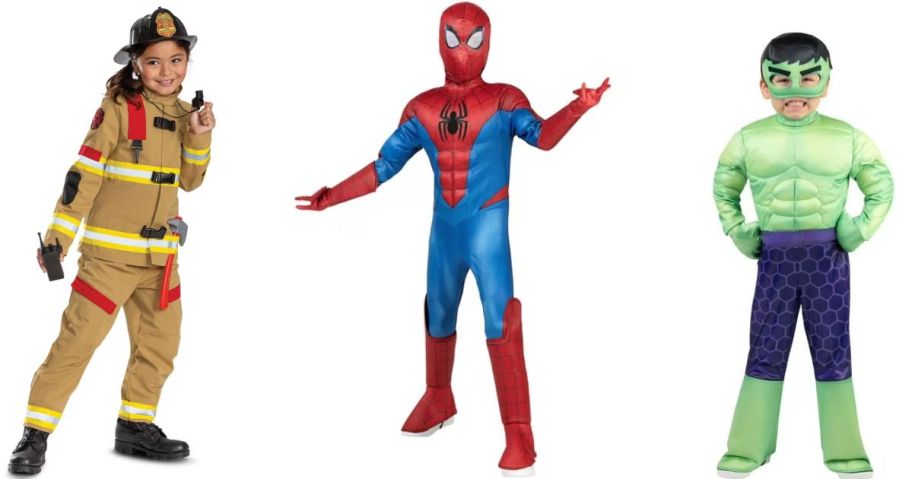 Stock images of 3 kids wearing Member's Mark Fire Fighter, Spiderman and Marvel costumes