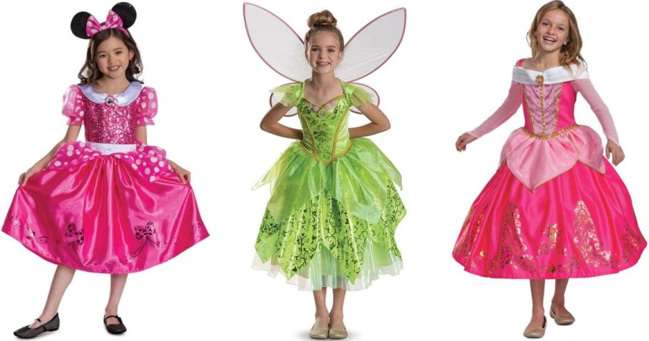Stock images of 3 girls wearing Minnie Mouse, Tinkerbell and Sleeping Beauty Aurora costumes