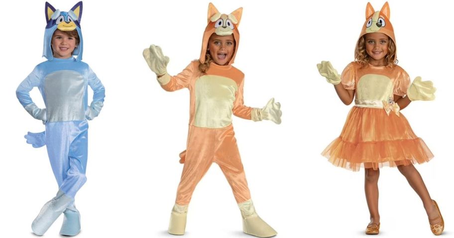 Stock images of 3 children wearing Sam's Club Bluey and Bingo Costumes