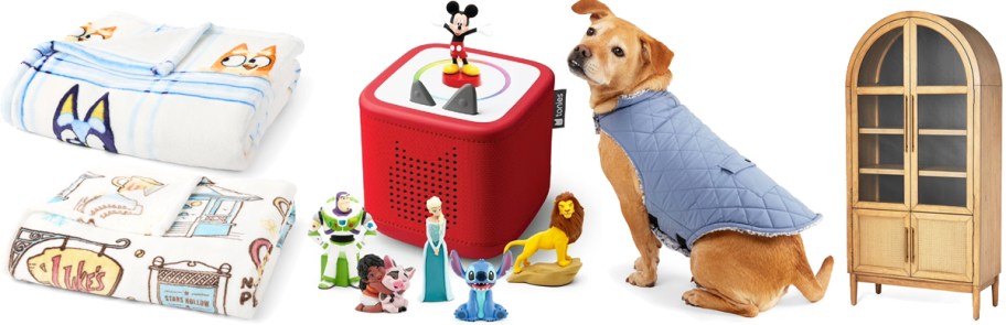 printed throws, toniebox, dog jacket, and arched cabinet