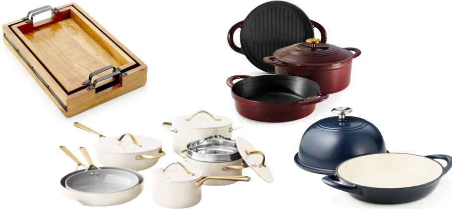 wood serving trays, white cookware set, and 2 dutch oven sets