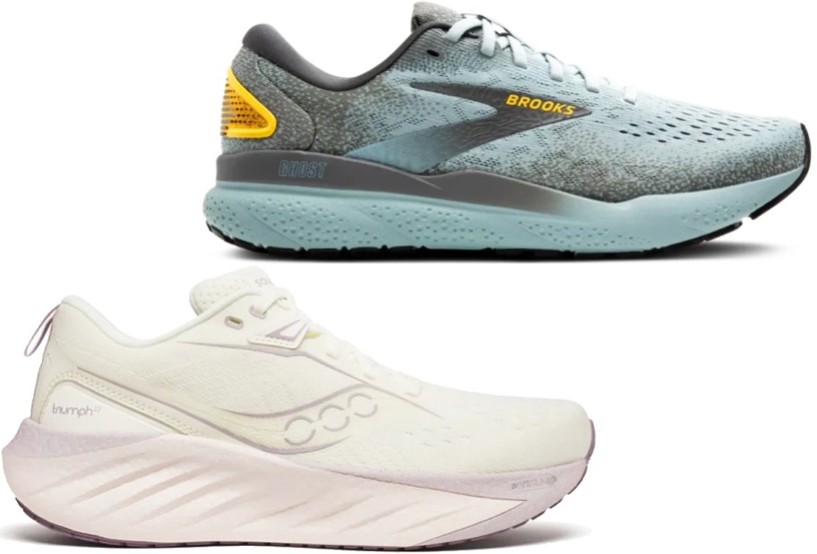 white Saucony running shoe and blue Brooks running shoe