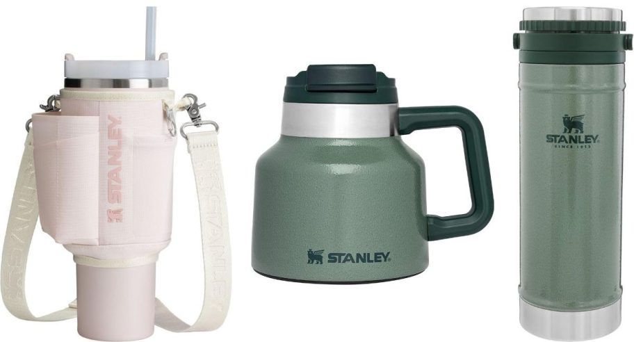 Stock images of a Stanley sling, captains Mug and Tumbler with a built in french press