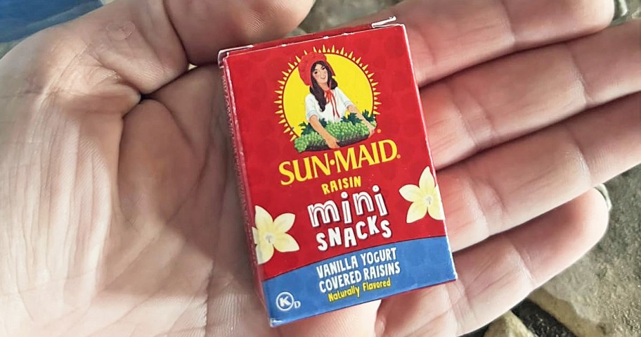 hand holding a mini box of Sun-Maid Vanilla Yogurt Covered Raisins