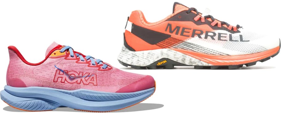 pink/blue and orange/white pairs of running shoes