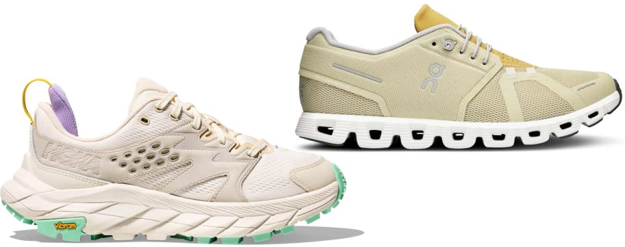 white and yellow running shoes