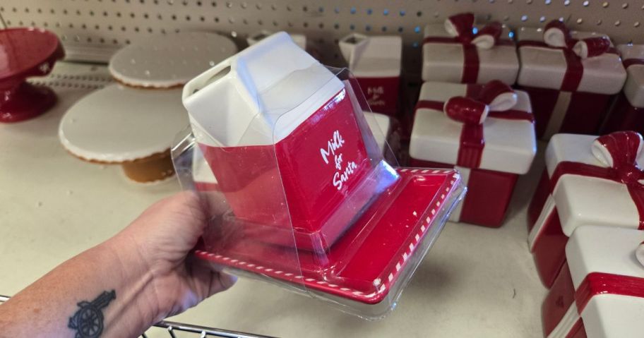 A person holding a ceramic milk and cookie set meant for Santa