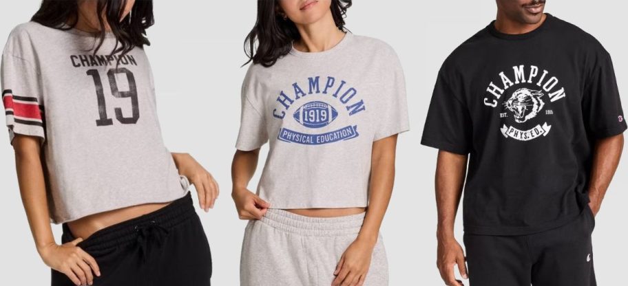 Stock images of two women and a man wearing Champion T-Shirts