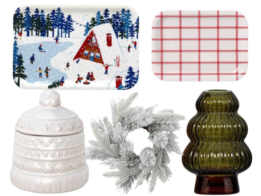 trays, white wreath, and green vase