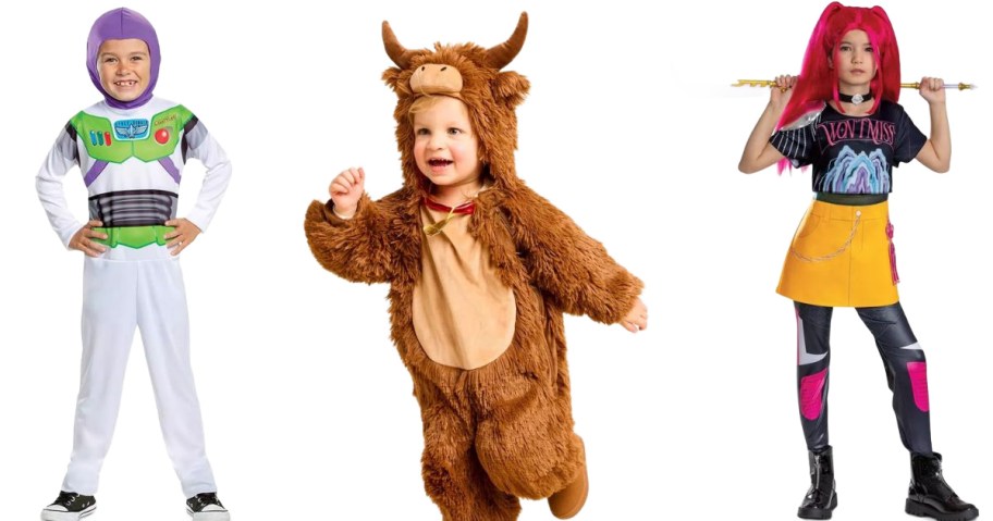 Stock images of kids wearing Buzz Loghtyear, Highland Cow and Kpop Demon Hunters Costumes