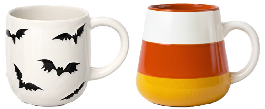 bat and candy corn print halloween mugs