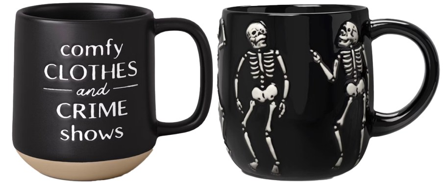 crime shows and skeleton print black coffee mugs