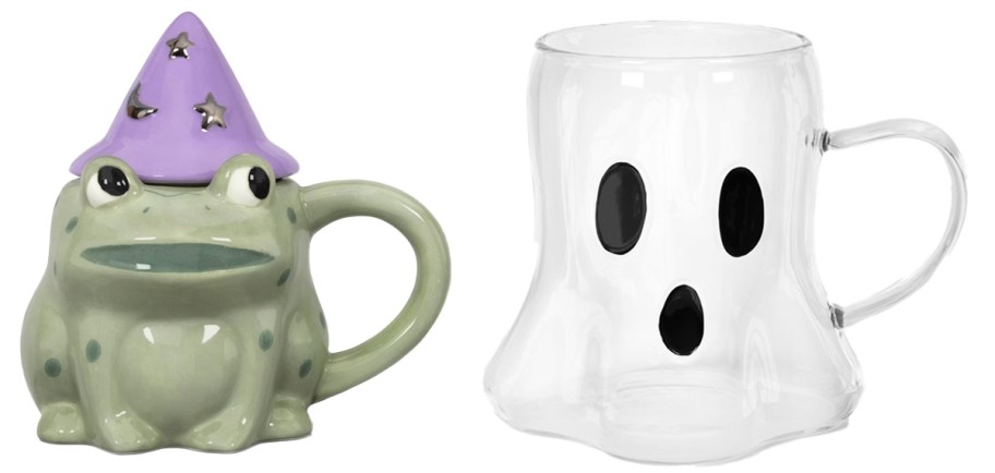 frog and ghost themed halloween mugs