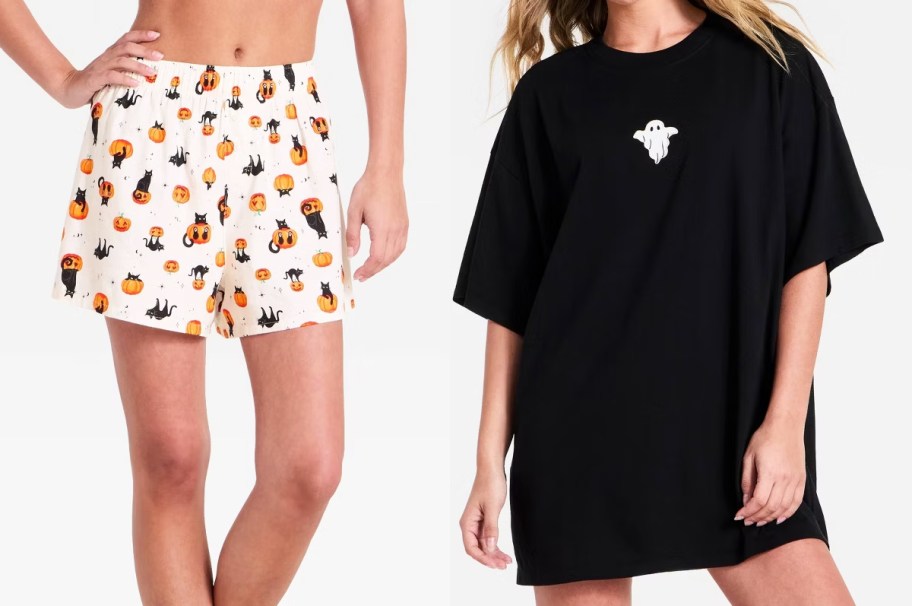 women modeling halloween pajama shorts and dress