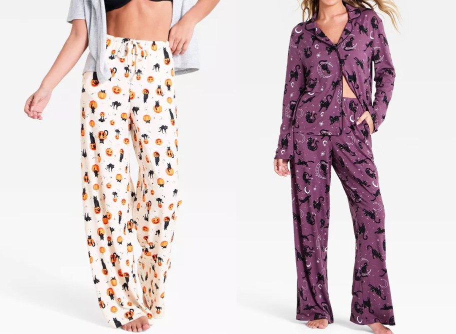 two women modeling halloween pajama pants and matching pajama set