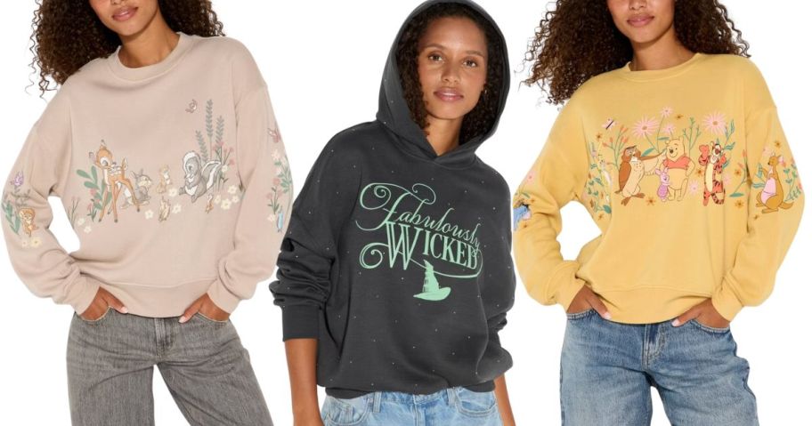 3 women wearing sweatshirts with characters on them 