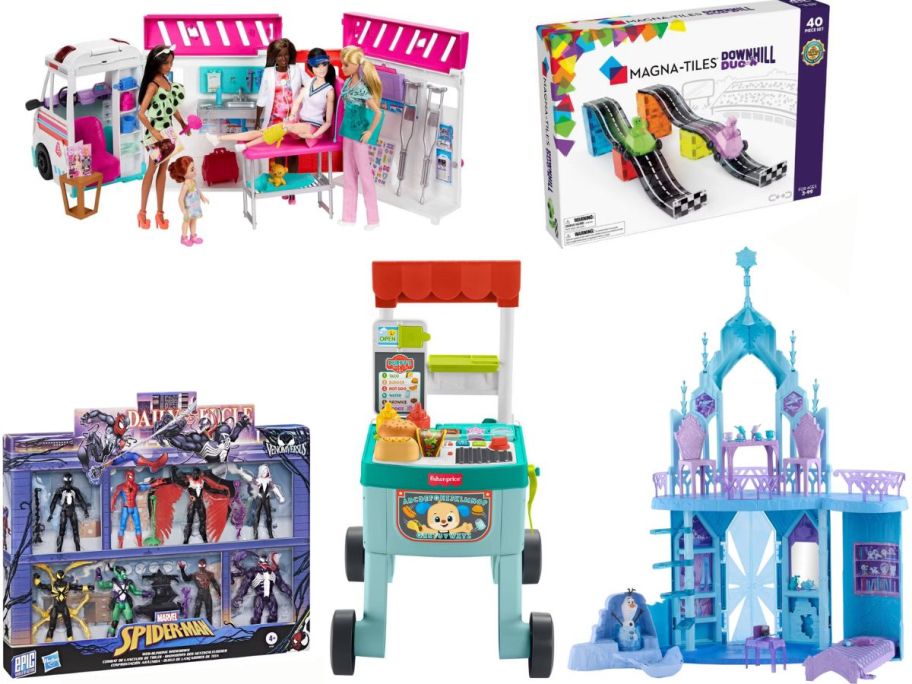 Stock images of Target Top Toys for 2025 including Marvel, Fisher Price, Disney Frozen, Barbie and Magnatiles