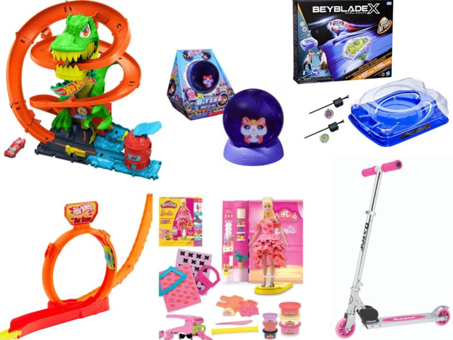 Stock images of 6 of Target's Top Toys for 2025 including Hot Wheels, Barbie Play Doh, Razor Scooter, Bitzee and Bey Blade
