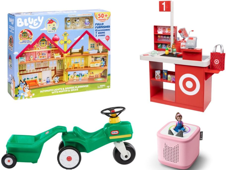 Stock images of 4 of Target's Top Toys for 2025 including Little Tikes Tractor, Toniebox 2 with Ms. Rachel, Bluey House, and Target Checkout Lane
