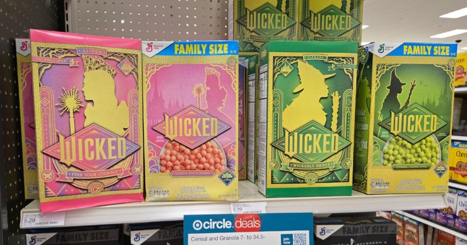 Several boxes of Wicked breakfast cereal on a shelf at target