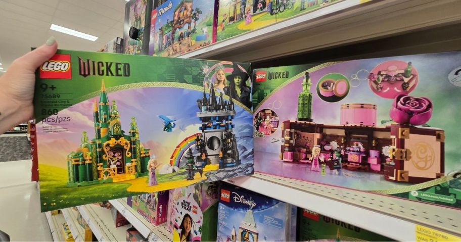 Wicked LEGO sets on a shelf in a store