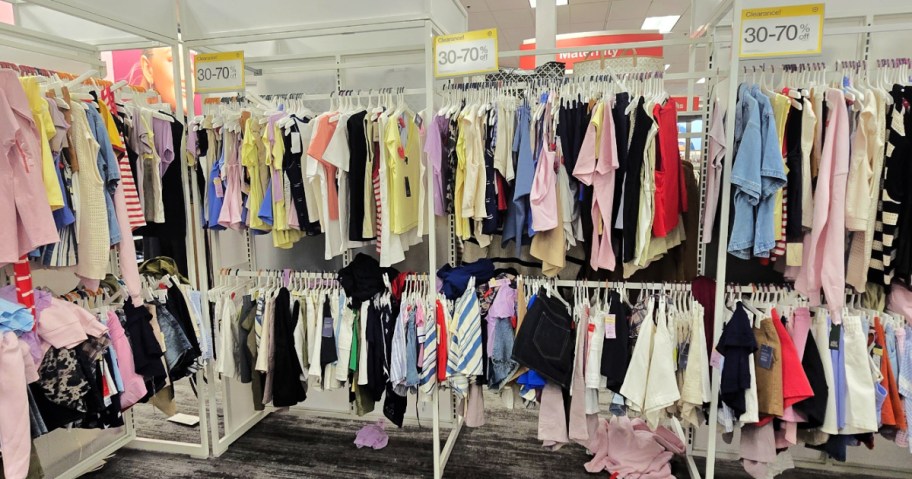 Racks of women's clearance clothing, inside target store