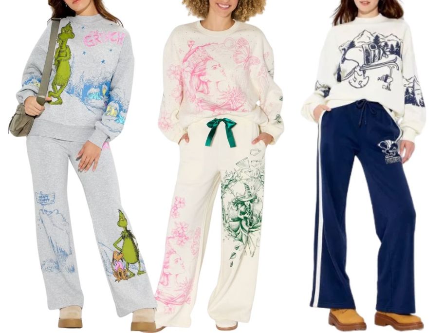 3 women wearing sweatsuits with characters on them 