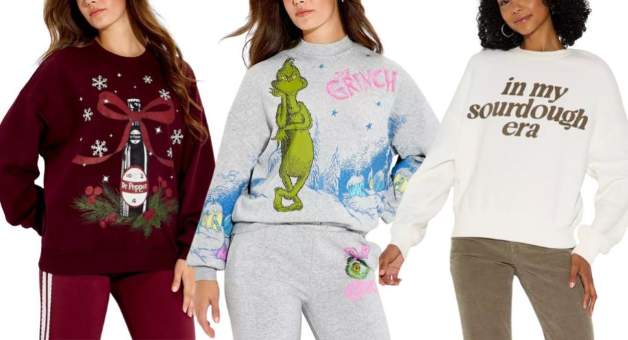 Three different stock images of target printed sweatshirts
