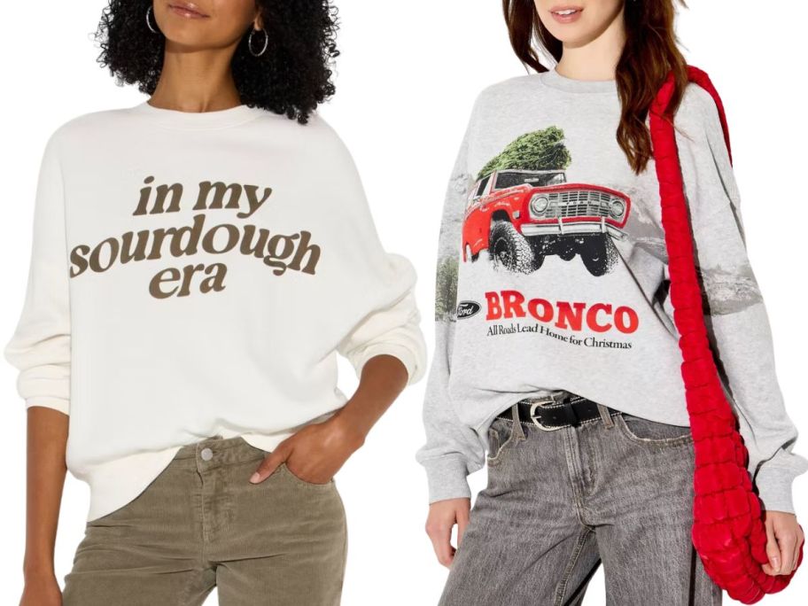 2 women wearing sweatshirts