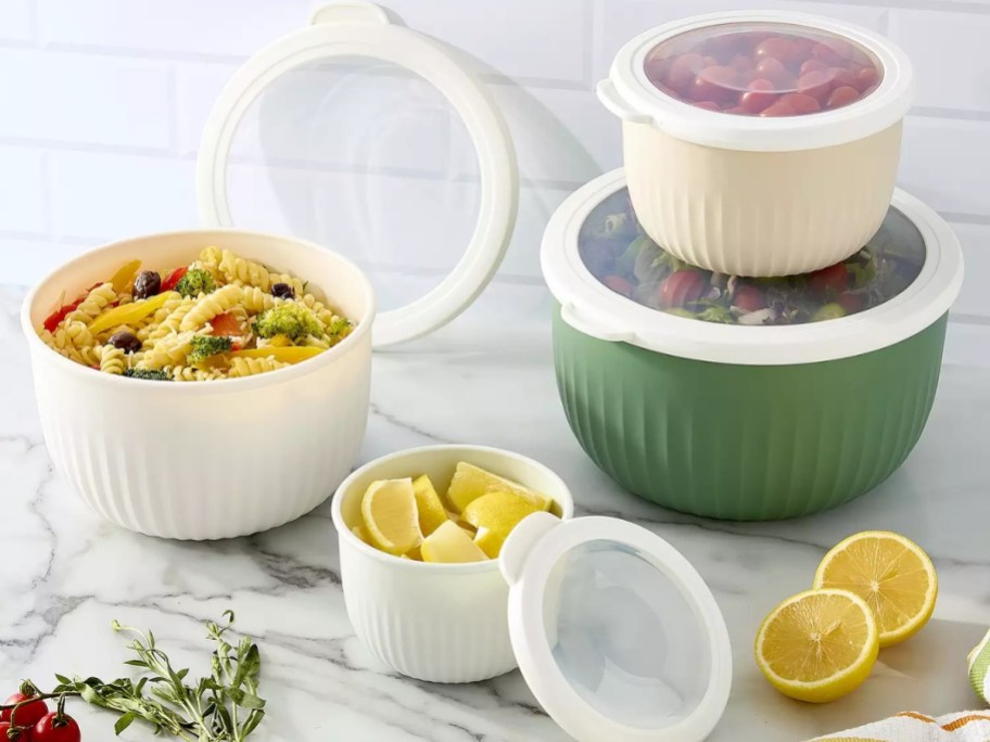 The Big One Mixing Bowls w/ Lids 4-Pack on counter