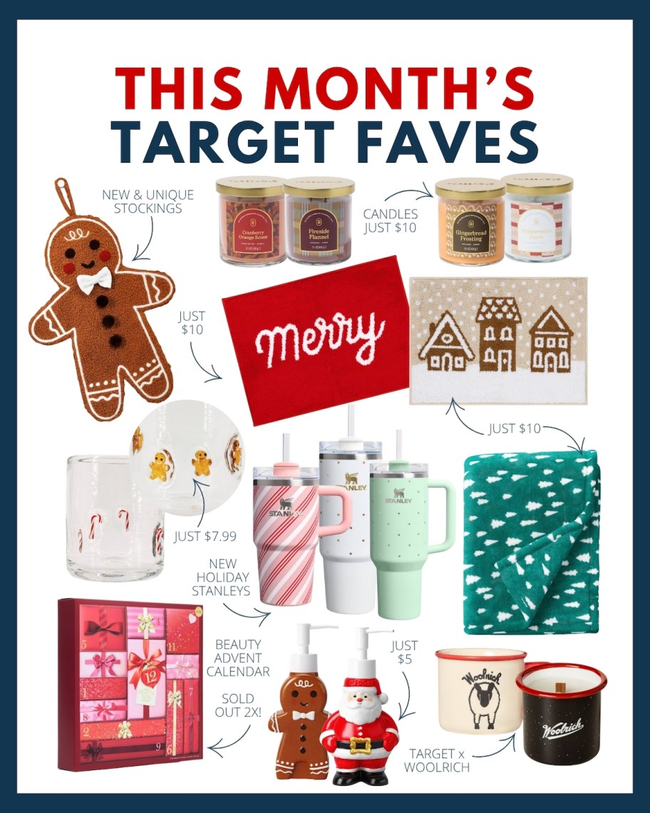 this month's target faves collage of random holiday items and prices