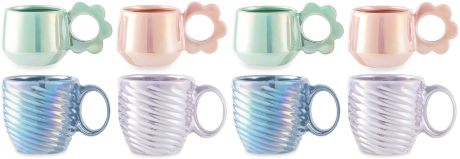 two 4-pack sets of iridescent coffee mugs