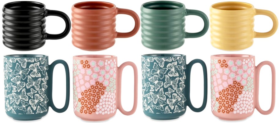 two 4-pack sets of ribbed and butterfly print coffee mugs